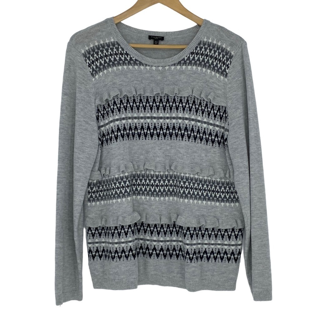 Talbots gray ruffled front zig zag print lambswool crew neck sweater wms sz LP